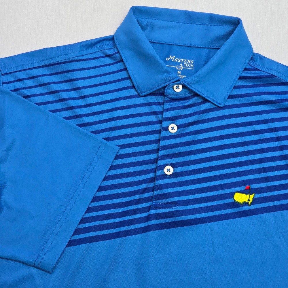 Masters Tech Mens Blue Striped Golf Polo Shirt Size M Embroidered Logo